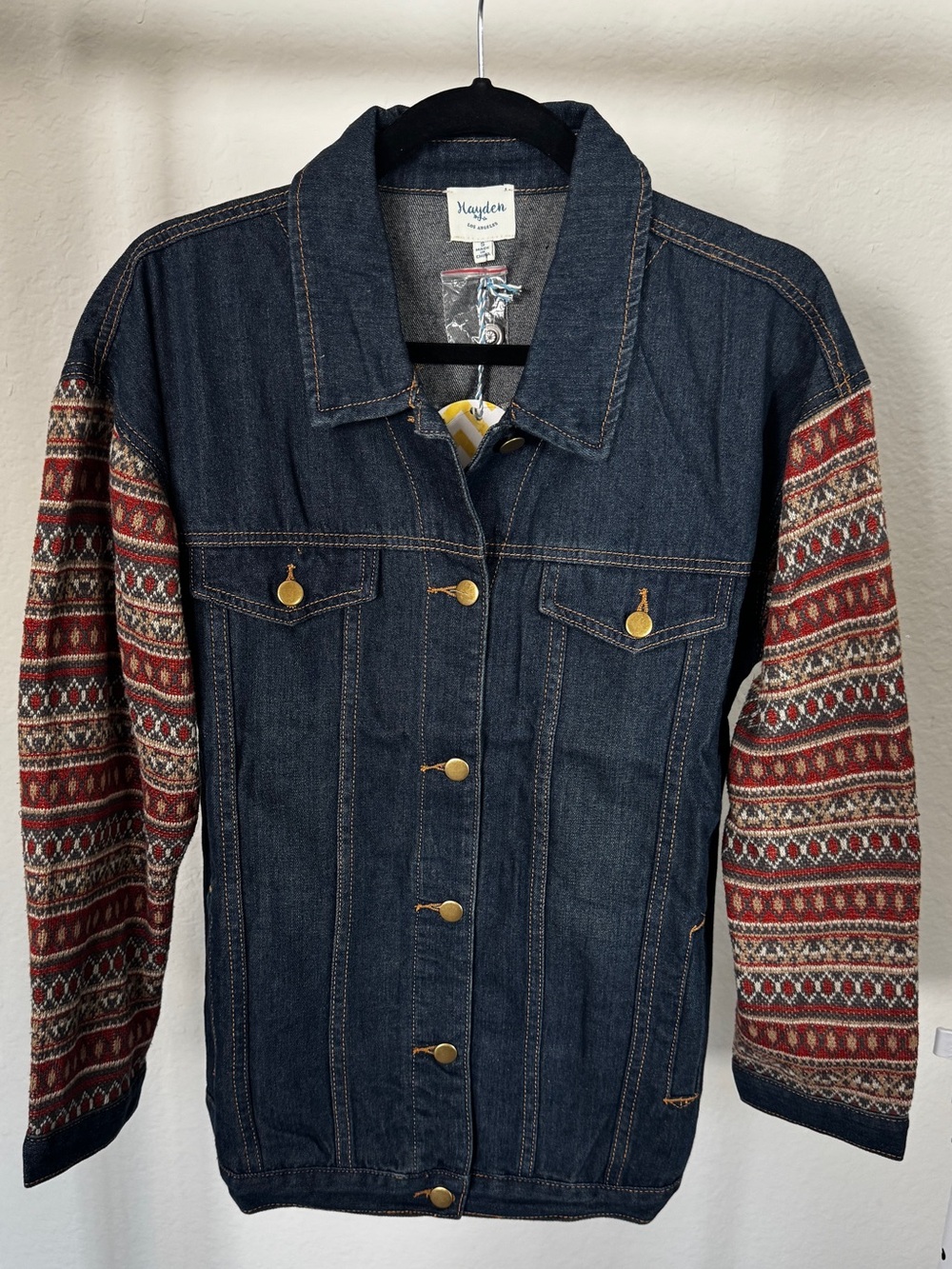 NWT Hayden LA Denim Jacket with Patterned Knit Sleeves - Dark Blue. Size Small
